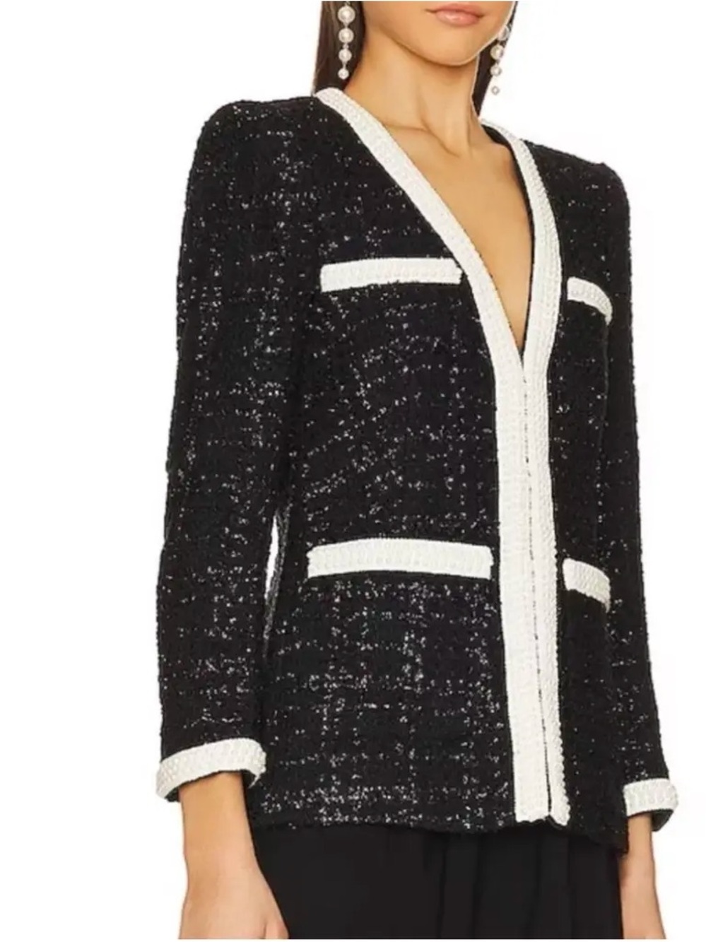 Veronica Beard Black Tweed Jacket with Ivory Pearl Trim - Picture 2 of 3